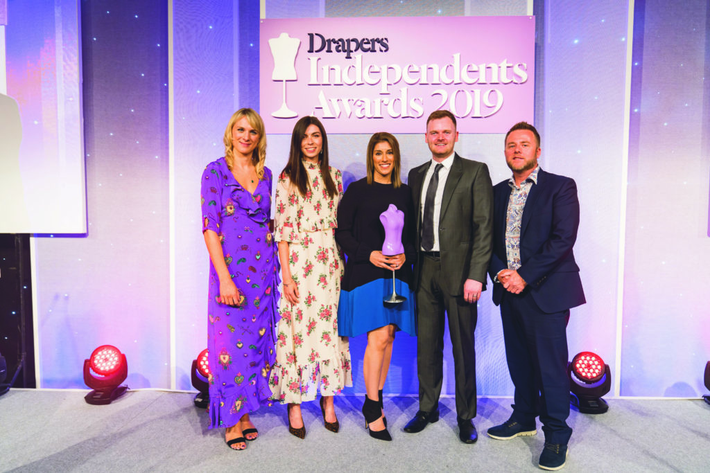 Sonya and Liam receiving the Emerging Brand of the Year Award at Drapers Independent Awards 2019