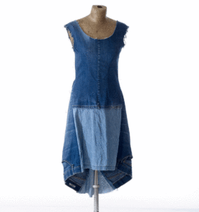 Knee-length dress of denim panels by Upcycle Fashion