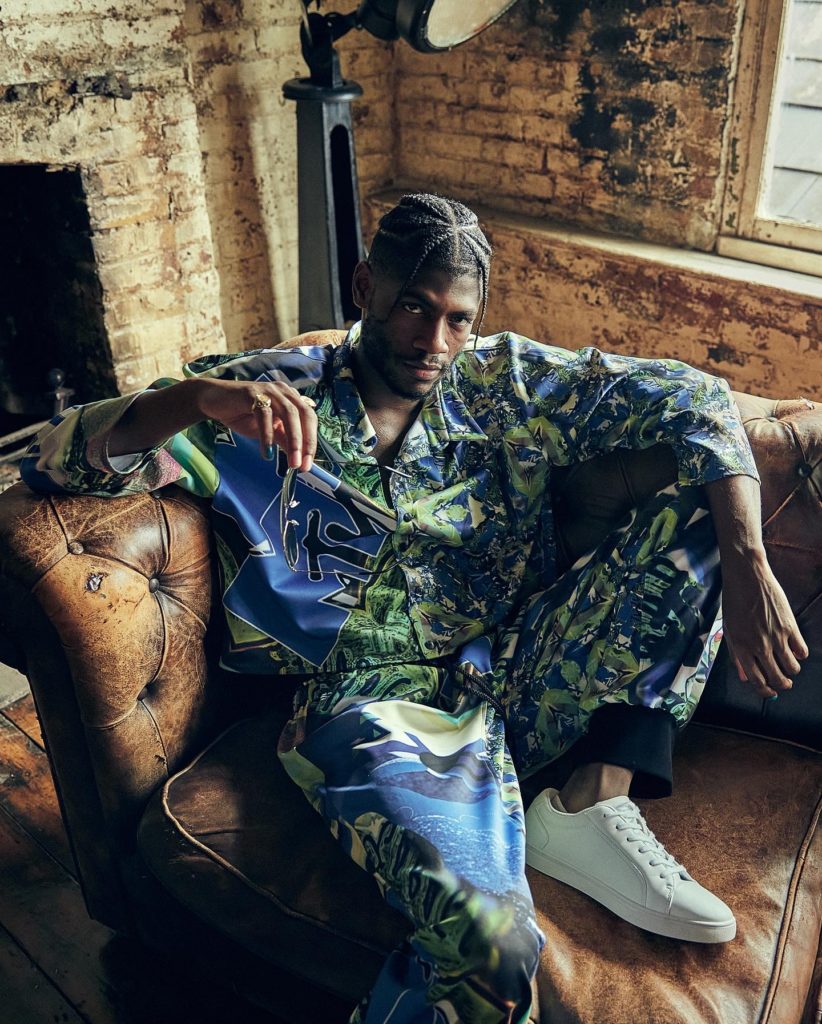 Men's blue and green patterned shirt and trousers by Rebecca Cox for the MTV Music Meets Fashion competition