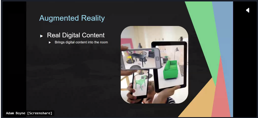 Screenshot of Adam Boyne's presentation at BEYOND 2020 - slide title 'Augmented Reality'