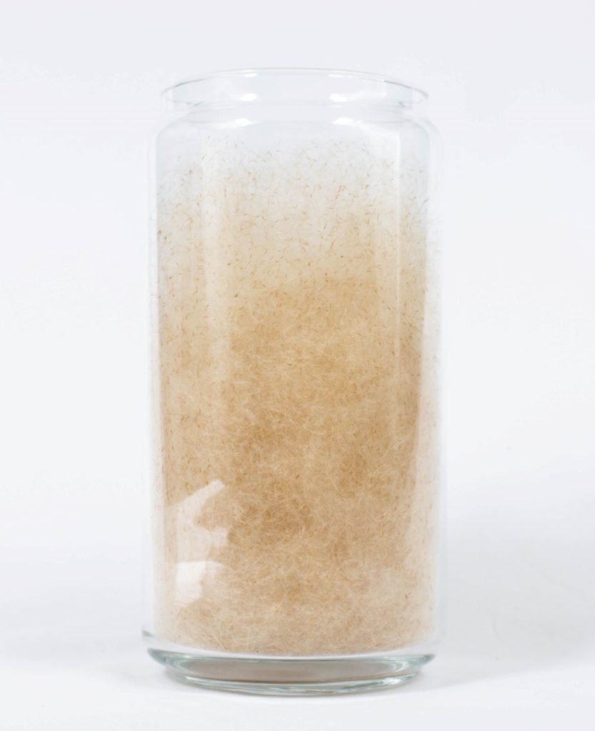 A transparent cylinder containing a pale textured material, similar in consistency to down.