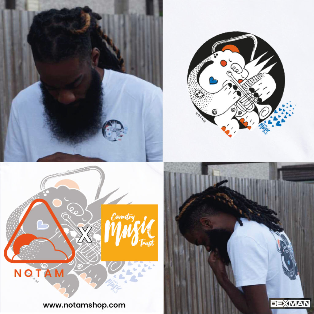 Rapper DexMan wears a white Notam t-shirt with hand-drawn motif of a cartoon animal blowing a trumpet