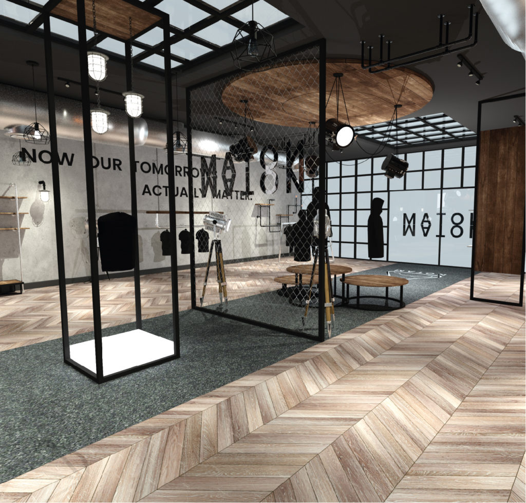 A virtual retail store with wooden floor in which black raincoats, jackets and t-shirts are hanging from rails