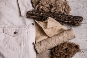 Hemp Fibre, yarns, fabric and a creme denim-style jacket