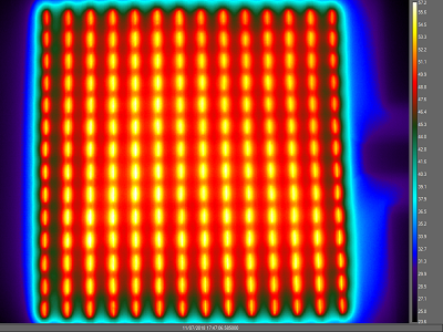 A brightly coloured heat scan of a 3D zoned heater