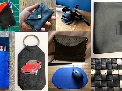 Samples of handmade leather accessories including coin purse, wallet and mousemat