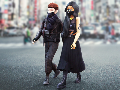 Two digital avatars in a cityscape weating black cyber-punk styled clothes and black face masks