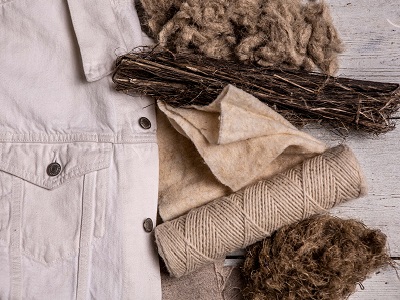 A creme denim-style jacket with samples of hemp and hemp yarn