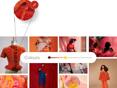 A mood board of images of models and clothing in different shades of red. A bar in the middle of the image is labelled 'colours' and an eye-dropper tool in the top left corner is highlighting a detail in one image