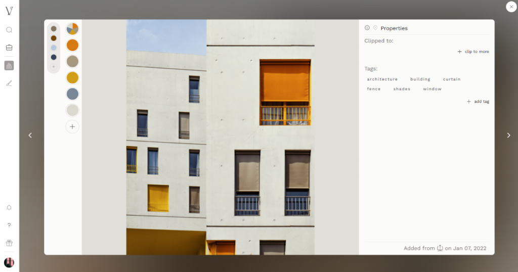 Screenshot from Visualist of pale grey apartment block with orange, grey and blue blinds in the windows. The interface also presents circles filled with colour shades extracted from the image.